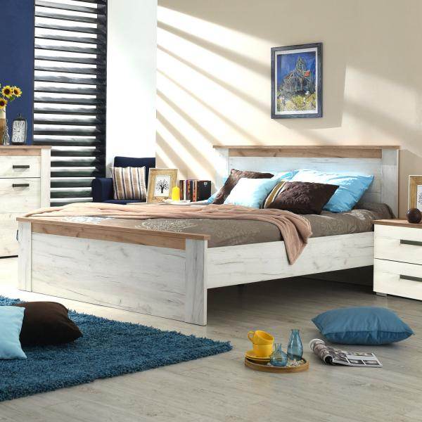 Doppelbett Ehebett Holzbett Gästebett 160x200 cm Bett Eiche Weiss Grau Vintage - Palo24