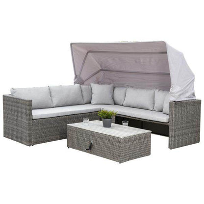 Funktions Lounge Eckgarnitur SAN MARCO mit Faltdach, Metall + Polyrattan grau - Palo24