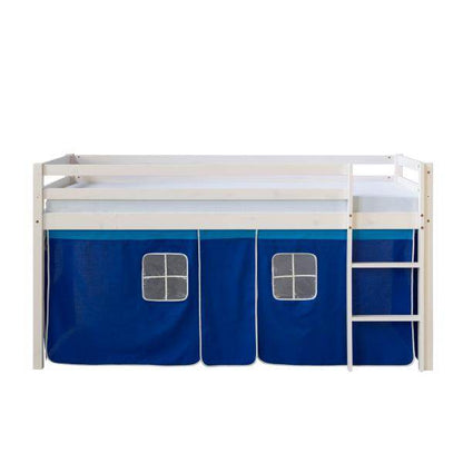 Kinderbett Hochbett Massiv Kiefer weiss Vorhang blau Spielbett 90 x 200 cm - Palo24