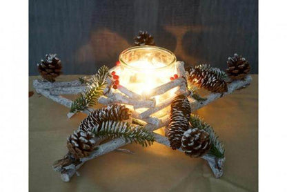 Adventskranz Stern, Weihnachtsdeko Tischdeko, Holz mit Kerzenglas 40x40x12cm weiss-grau - Palo24