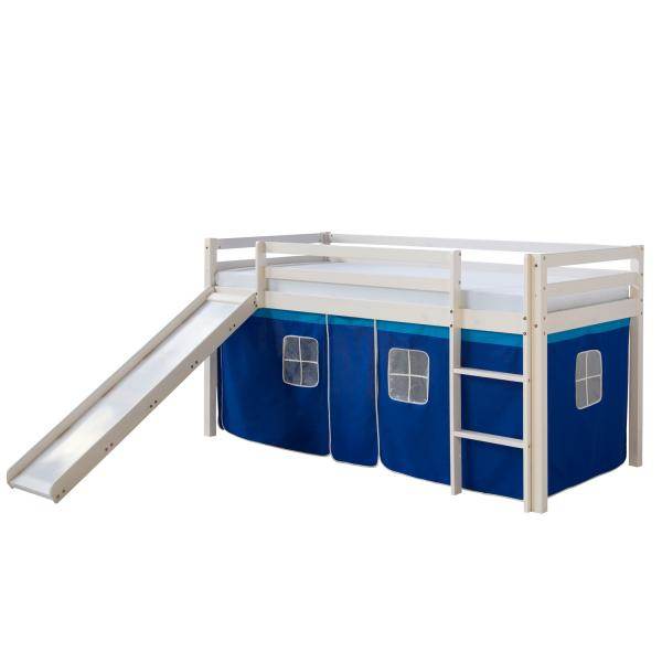 Kinderbett Hochbett Massiv Kiefer Weiss Vorhang blau Rutsche 90x200 cm - Palo24