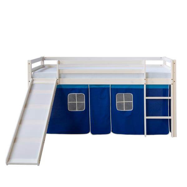Kinderbett Hochbett Massiv Kiefer Weiss Vorhang blau Rutsche 90x200 cm - Palo24
