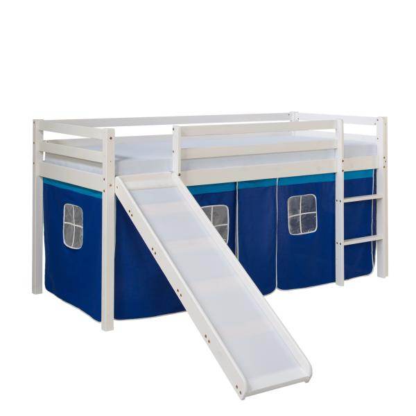 Kinderbett Hochbett Massiv Kiefer Weiss Vorhang blau Rutsche 90x200 cm - Palo24
