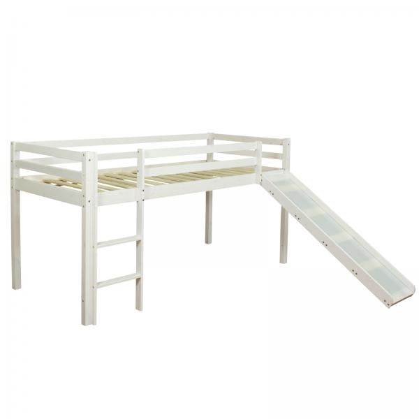 Kinderbett Hochbett Massiv Kiefer Weiss Vorhang blau Rutsche 90x200 cm - Palo24