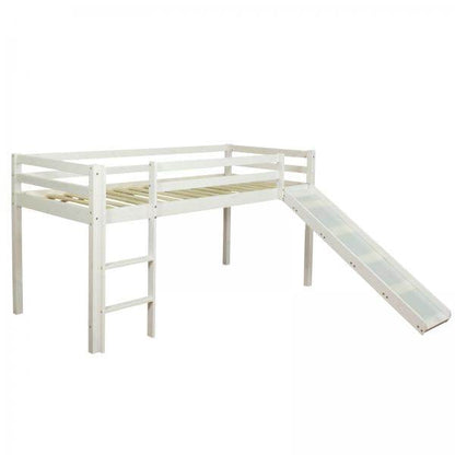 Kinderbett Hochbett Massiv Kiefer Weiss Vorhang blau Rutsche 90x200 cm - Palo24