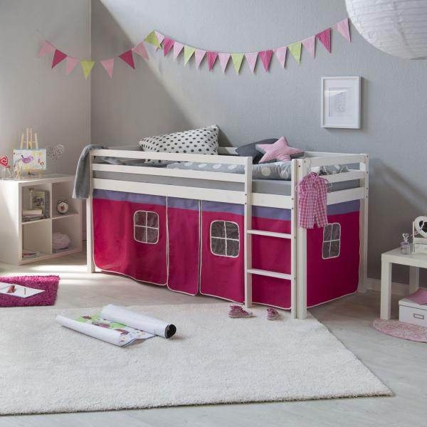 Kinderbett Hochbett Massiv Kiefer weiss pinker Vorhang,Spielbett 90 x 200 cm - Palo24