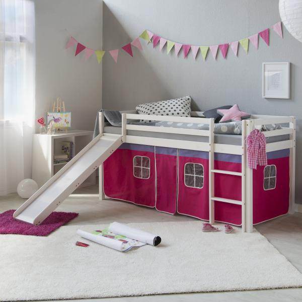 Kinderbett Hochbett Massiv Kiefer weiss pinker Vorhang, Rutsche, Spielbett 90 x 200 cm - Palo24
