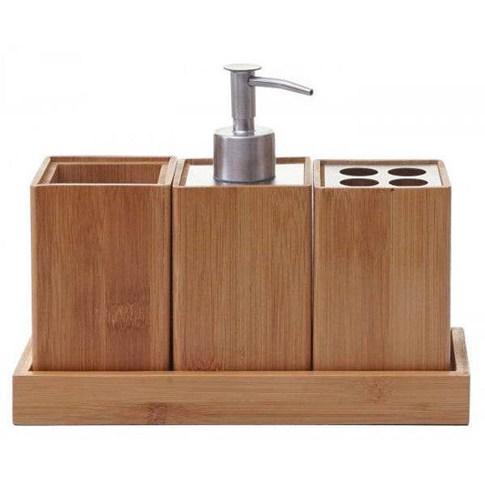 4-teiliges Badset HWC-B85, Badezimmerset Badaccessoires Seifenspender Zahnbürstenhalter, Bambus - Palo24