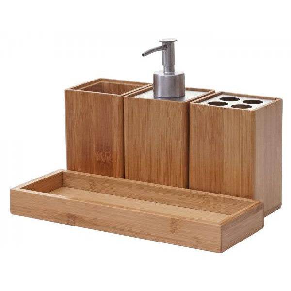 4-teiliges Badset HWC-B85, Badezimmerset Badaccessoires Seifenspender Zahnbürstenhalter, Bambus - Palo24