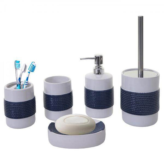 5-teiliges Badset HWC-C73, WC-Garnitur Badezimmerset Badaccessoires, Keramik ~ blau/weiss - Palo24