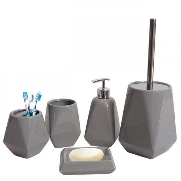 5-teiliges Badset HWC-C71, WC-Garnitur Badezimmerset Badaccessoires, Keramik ~ grau - Palo24