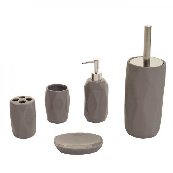 5-teiliges Badset HWC-H88, WC-Garnitur Badezimmerset Badaccessoires, Keramik ~ grau - Palo24