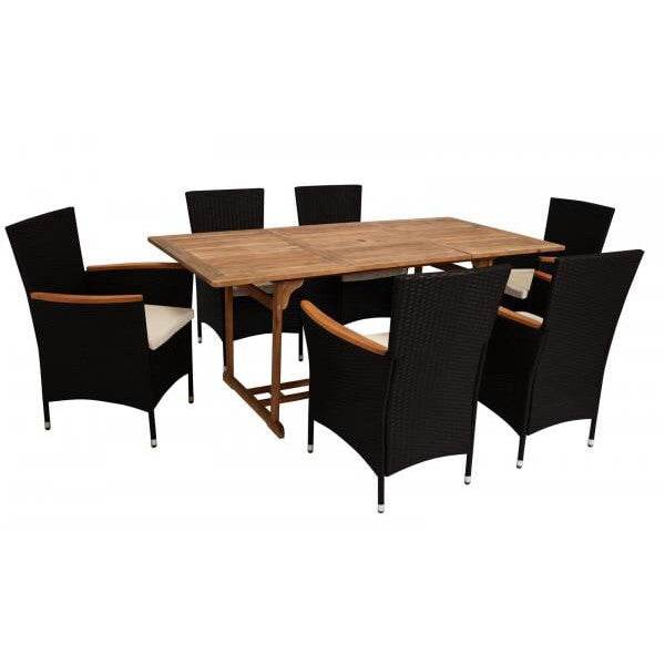 Garnitur Sitzgruppe MONTREUX 7-teilig, Geflecht schwarz + Akazien Holz, Tisch 90x180cm - Palo24
