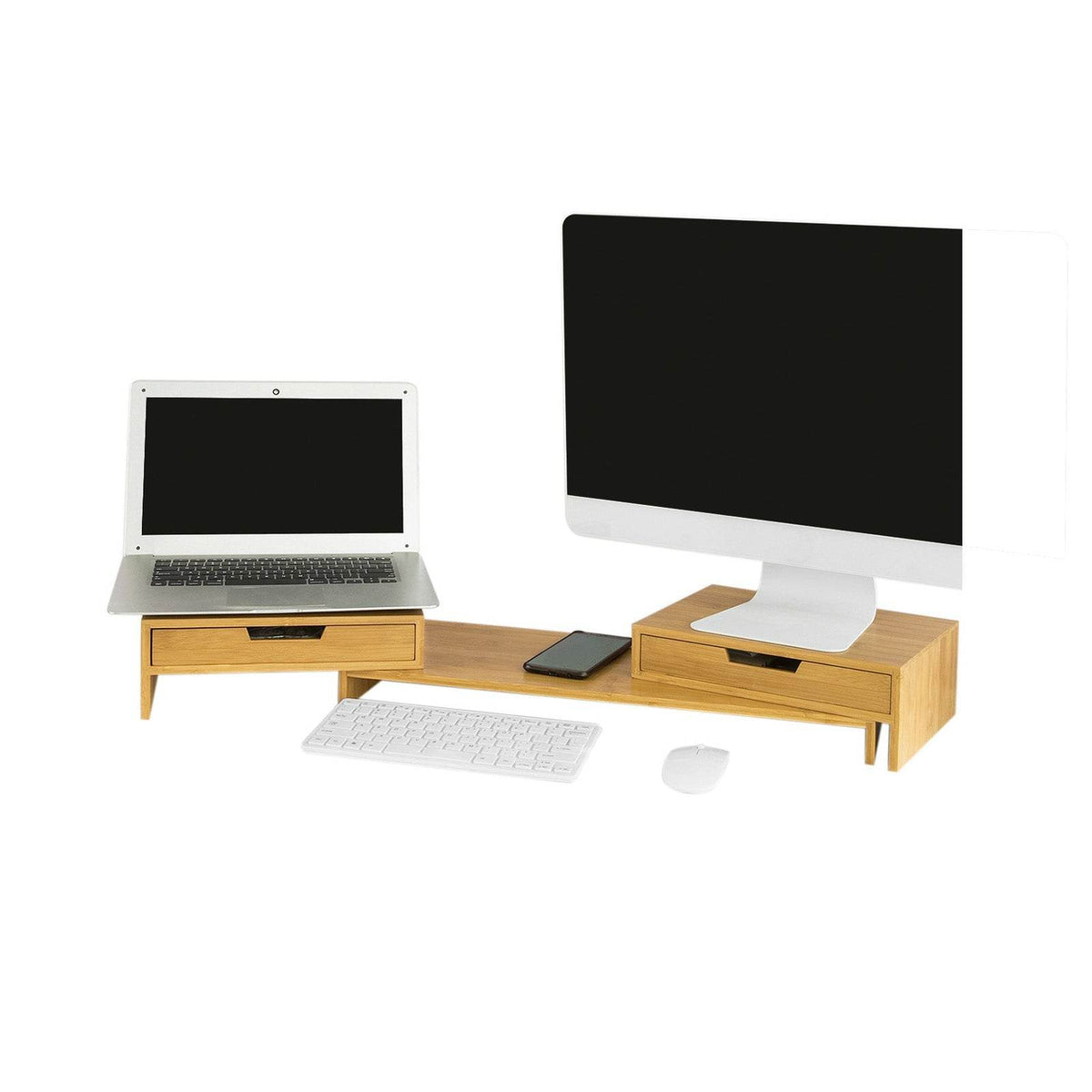 Design Monitorerhöhung für 2 Monitore | Monitorständer mit 2 Schubladen | Bambus | BBF04-N - Palo24