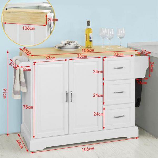 Kücheninsel | Küchenwagen mit erweiterbarer Arbeitsfläche | Küchenschrank Weiss - Palo24