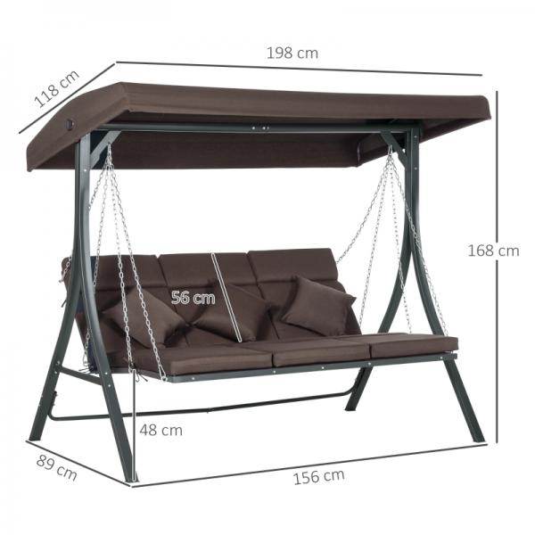 Hollywoodschaukel, für 3 Personen, verstellbares Sonnendach, bis 270 kg, braun - Palo24