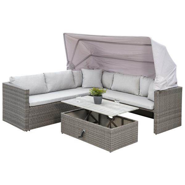 Funktions Lounge Eckgarnitur SAN MARCO mit Faltdach, Metall + Polyrattan grau - Palo24