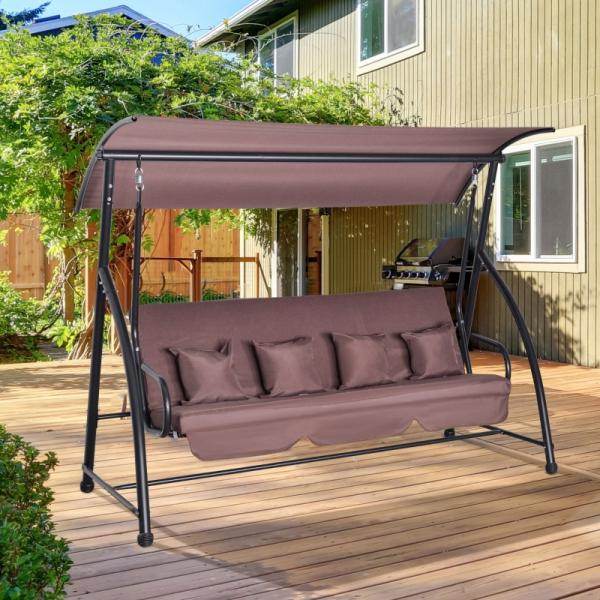 Hollywoodschaukel 3 sitzer mit verstellbarem Dach Liegefunktion Polyester Braun - Palo24