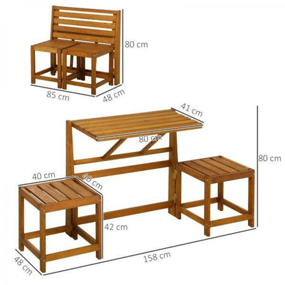 Gartenbank, 2-in-1-Kombination, Tisch mit 2 Hockern, Lärchenholz, wetterfest, Teak - Palo24
