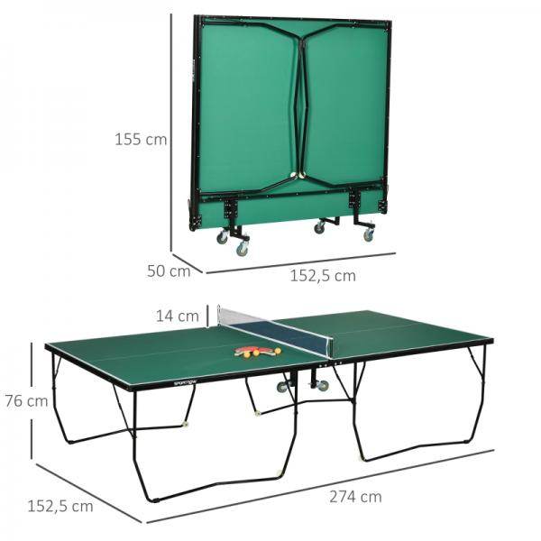Tischtennistisch, in Originalgröße, klappbar, 8 Räder, inkl. Schläger und Bälle, grün, 2,74 x 1,52 x 0,76 m - Palo24