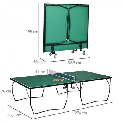Tischtennistisch, in Originalgröße, klappbar, 8 Räder, inkl. Schläger und Bälle, grün, 2,74 x 1,52 x 0,76 m - Palo24