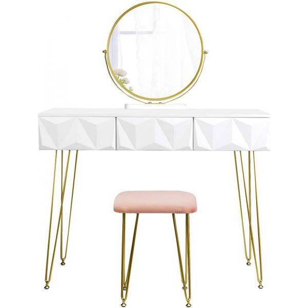 Designer Schminktisch & Hocker schwenkbarer Spiegel 3D-Schublade Gold - Palo24