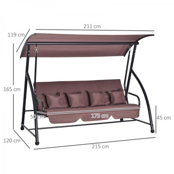 Hollywoodschaukel 3 sitzer mit verstellbarem Dach Liegefunktion Polyester Braun - Palo24