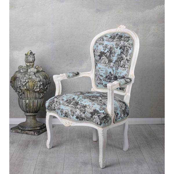 KÖNIGLICHER BAROCKER ARMLEHNSTUHL LOUIS XVI WEISS ROCOCO BLAU - Palo24