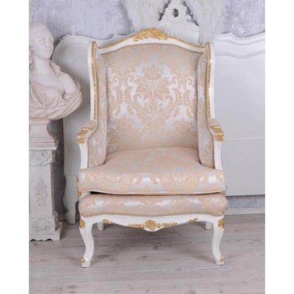 BAROCKER OHRENSESSEL ARMLEHNSESSEL ANTIK CREME-WEISS SILBER-GOLD - Palo24