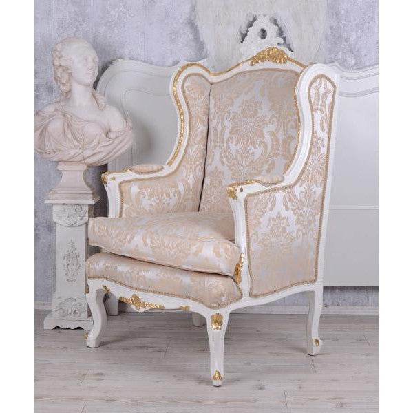 BAROCKER OHRENSESSEL ARMLEHNSESSEL ANTIK CREME-WEISS SILBER-GOLD - Palo24