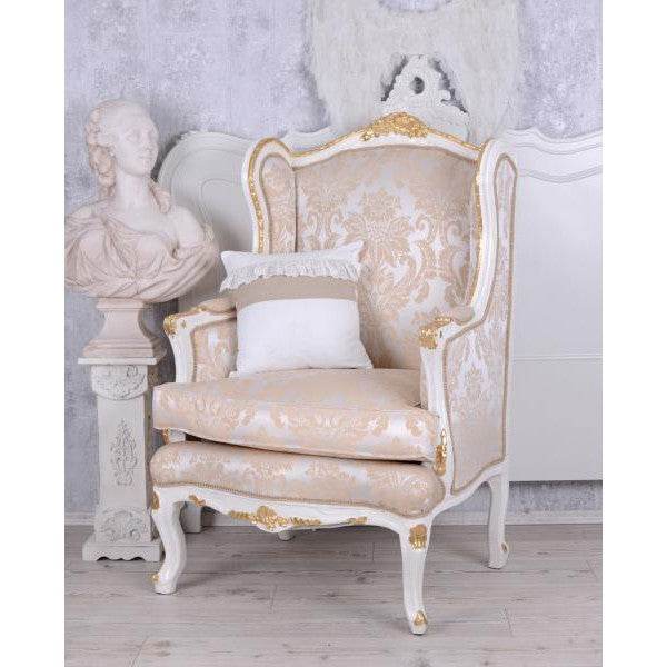 BAROCKER OHRENSESSEL ARMLEHNSESSEL ANTIK CREME-WEISS SILBER-GOLD - Palo24