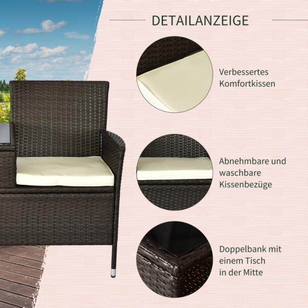 Polyrattan Gartenbank Gartensofa mit Tisch 2-Sitzer Stahl Braun - Palo24