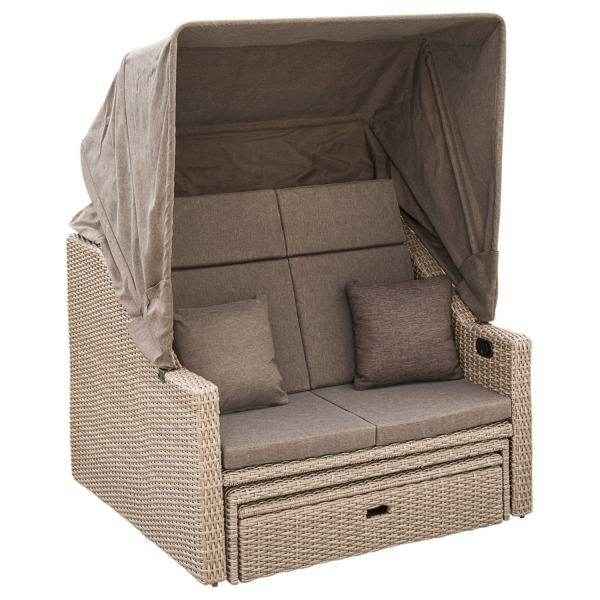 Funktionsliege RIMINI, Metall + Polyrattan natur, Polster beige, mit Verdeck