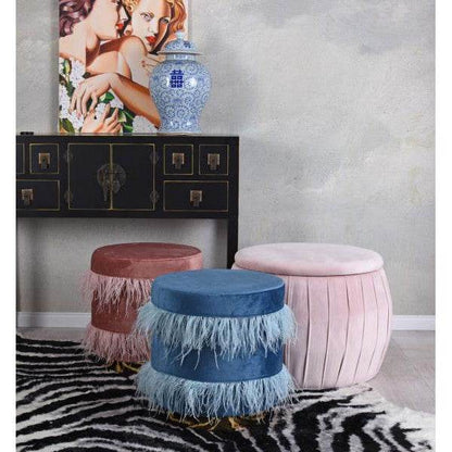 SAMT HOCKER MIT METALLRING BLAU POUF SITZHOCKER SITZWÜRFEL - Palo24